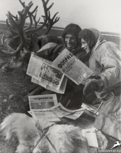 Reindeer herders of the Tundra kolkhoz sorting mail, Lovozero