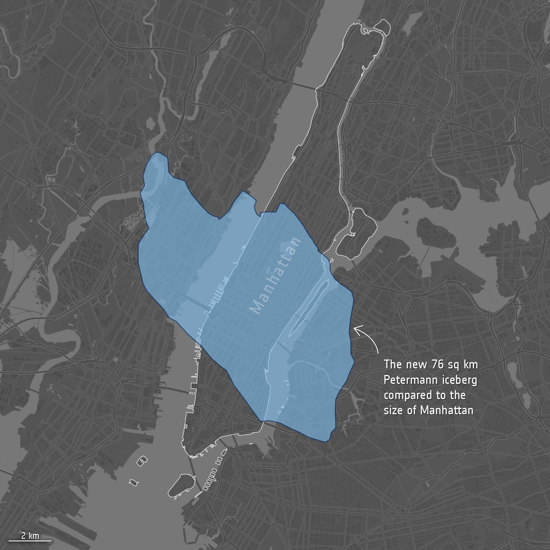 Size of new iceberg calved from Petermann Glacier pillars 2